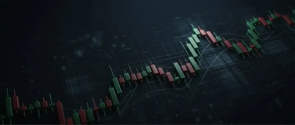Candlestick chart climbing across a dark grid